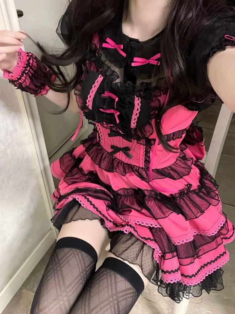 Accents Lolita Dress Sweet Hot Bow Ruffles Pink Layered with Black Heart Front