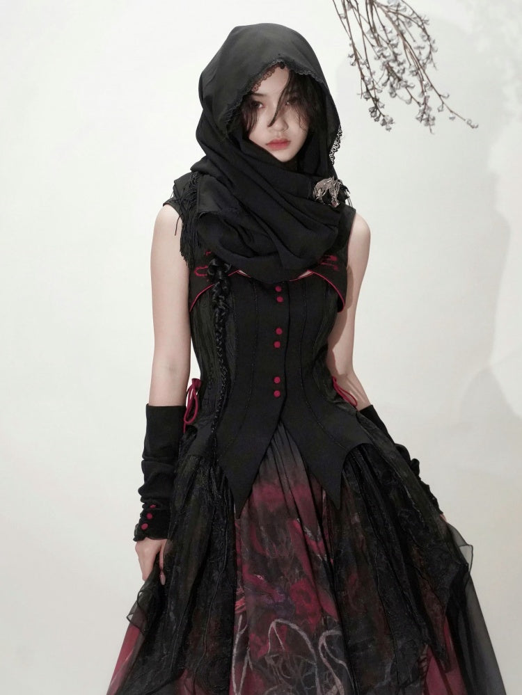 Red / Black / Purple Dragon and Moon Embroidery Shawl