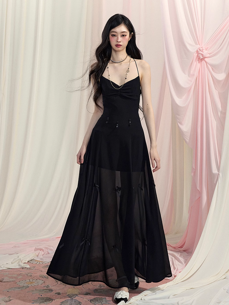 Black Halter Neck Dress Slip Ways Accents Two V-Neck Bowknot Chiffon Wear Backless