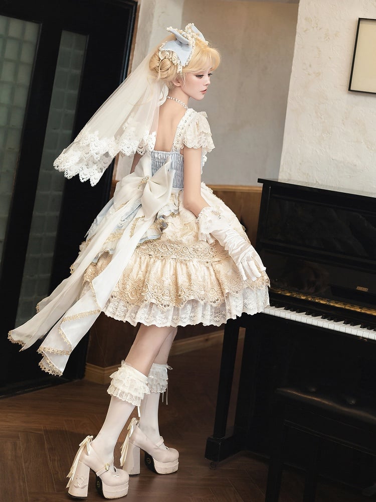 Jumper Blue Princess Bow Full and Skirt Accents Lolita Bead Jacquard Dress Set