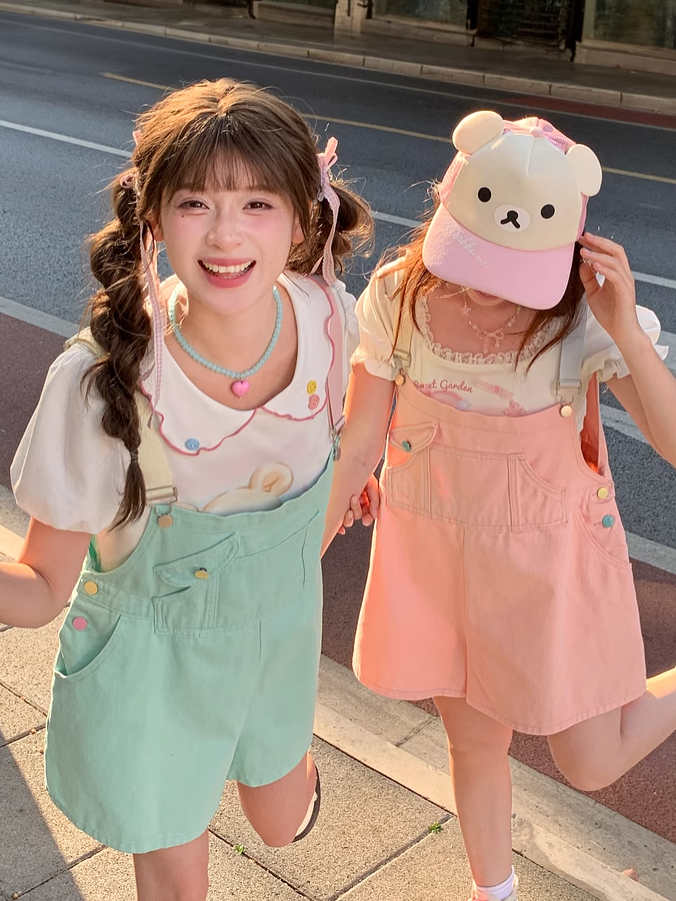 Denim Overall Shorts Green Candy Color Pink/Mint