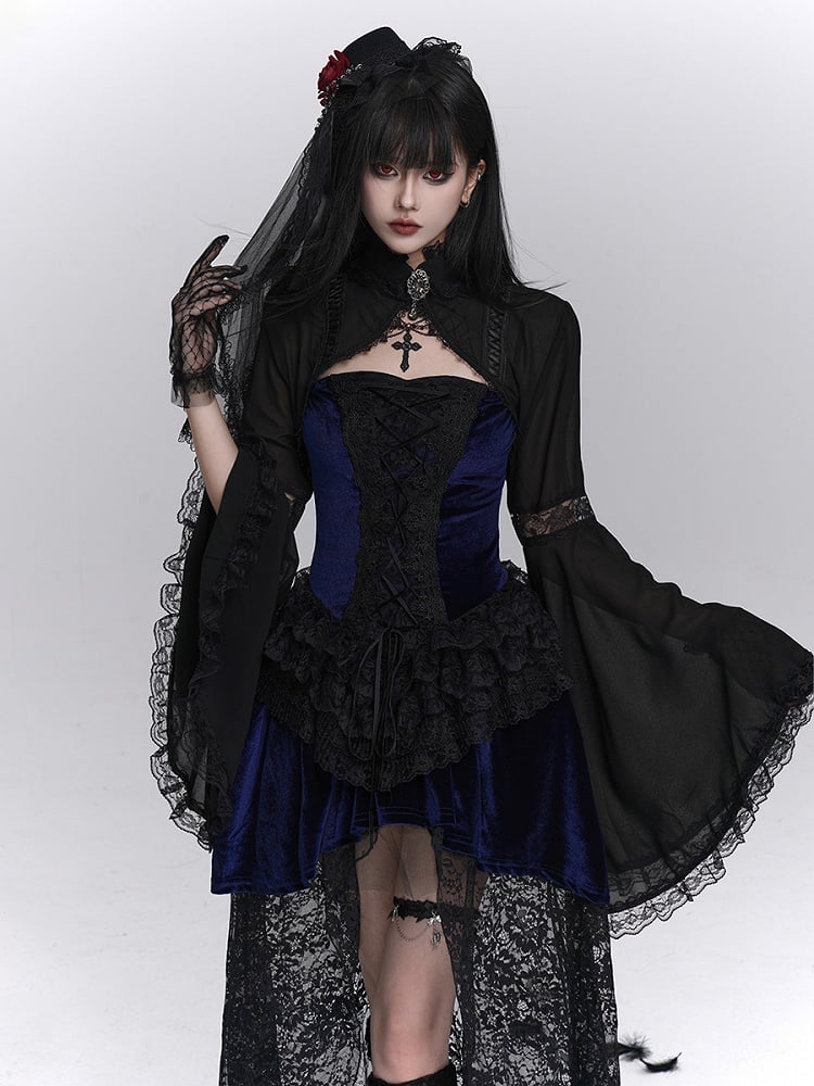 Blue Lace Lace-Up with Overlay Dress Floral Gothic Black Front Halloween