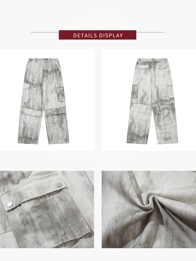 Cargo Wide-Leg Jeans with Utility Pockets White Gray Tie-Dye