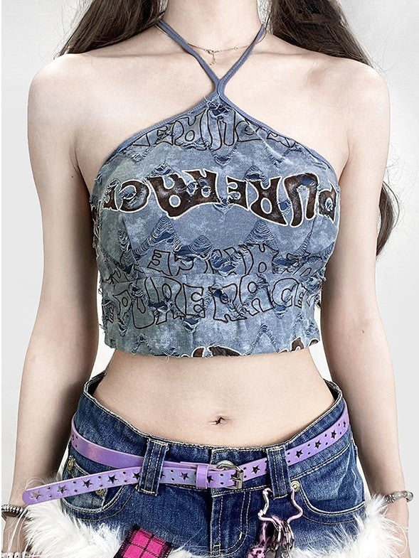 Print Halter Neck Top Letter Kawaii Bittersweet Blue Glamorous