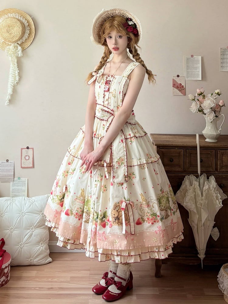 Floral Pink Hemline Lolita Fashion Dress Bunny Print House Strawberry and