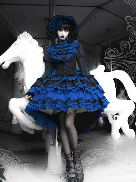 Waistcoat Skirt Gothic and Shirt + Sleeves Lolita High Waist Blue Black Bell - Set Klein