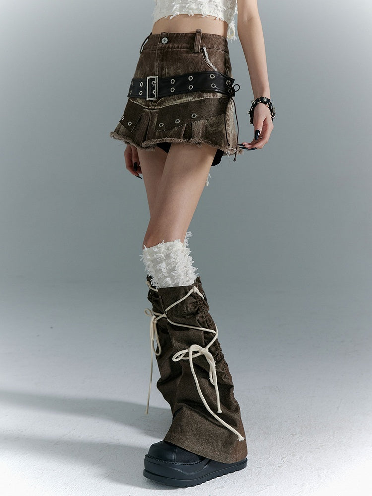 Leg Warmers with White Brown Punk Trim Self-tie Straps