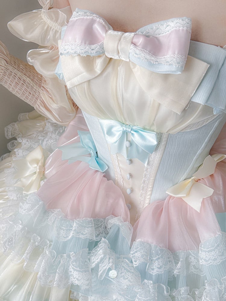 Sweet Lolita Balletcore Dress Blue Tiered Pink Skirt Yellow Boned Corset Waist