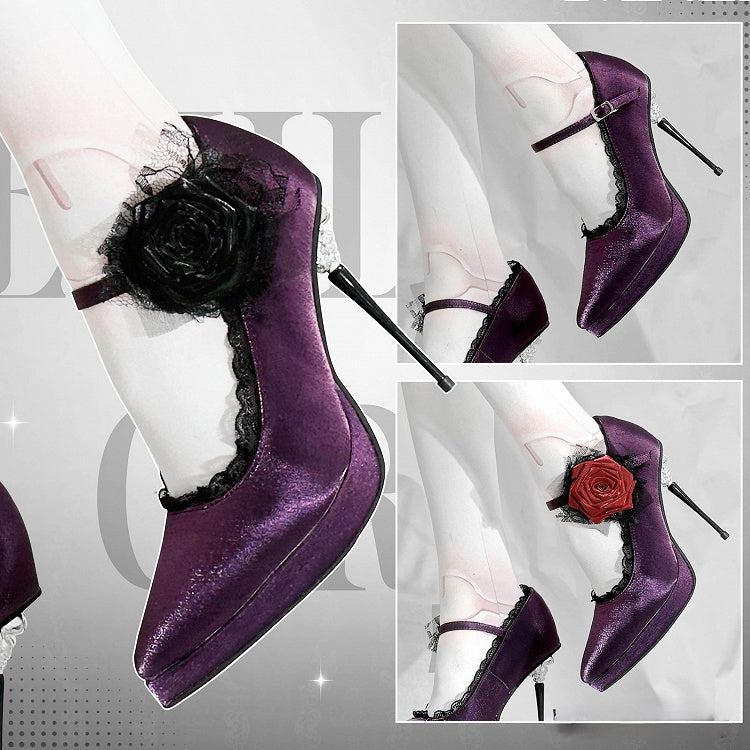 Satin Heels Gothic Pointed Purple Floral High Decorated Toe