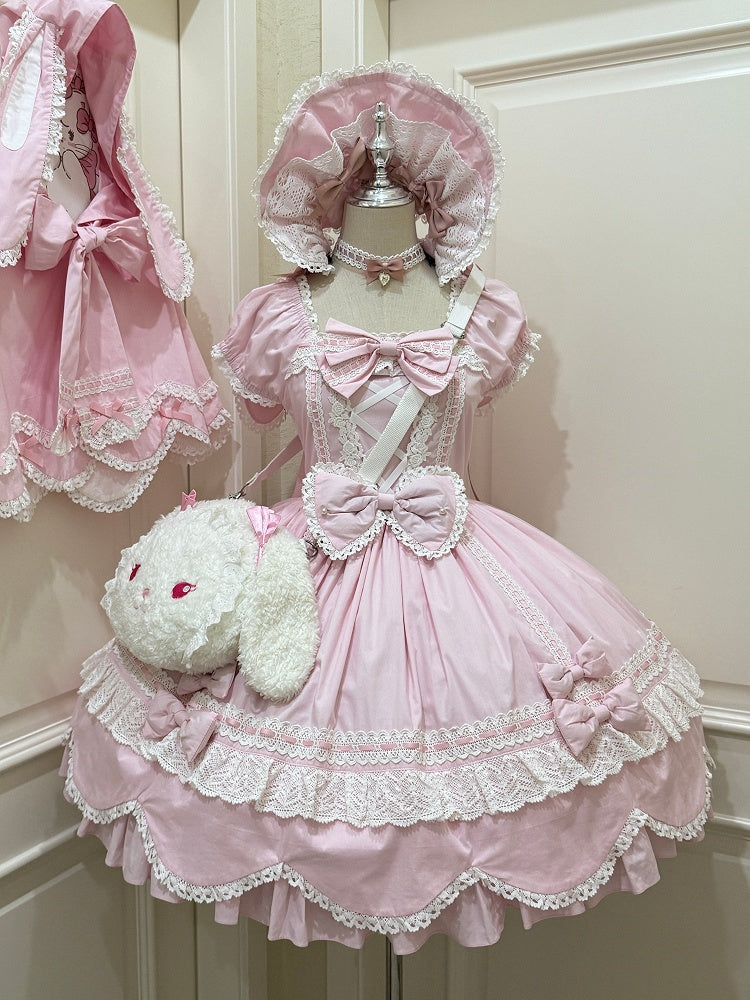 Lolita Piece and Neckline Puff Cotton School Pink Square One Old Short Sleeves Dress