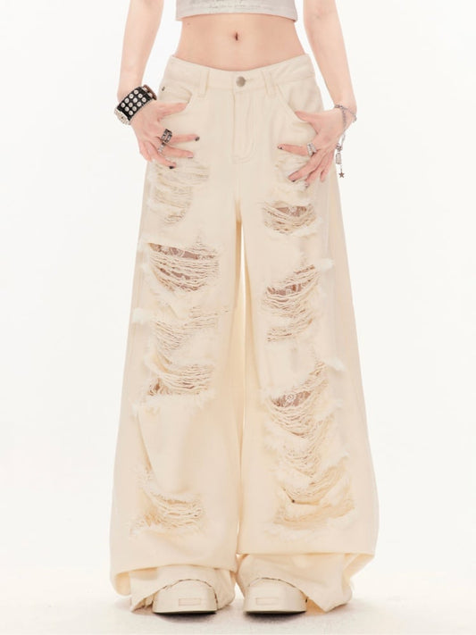 Wide-Leg Jeans Wasteland Apricot Low Waist Distressed Holes Punk