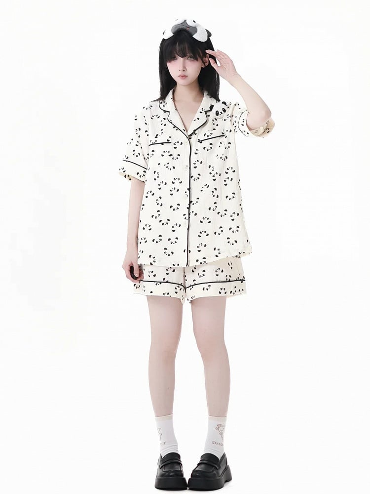 Collar + Allover Panda Print Shirt Shorts Beige Elastic Waist Edge Pajamas Set Scalloped