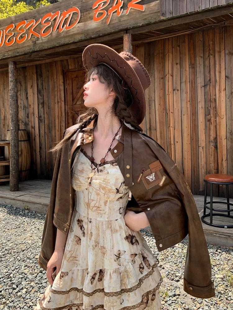 Brown Badge Autumn for Appliques Vintage PU Jacket