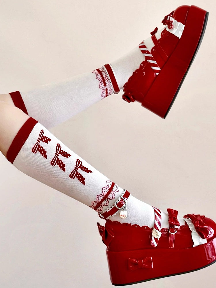 Calf Socks Red Polka Lolita White Pattern Bowknot Dot