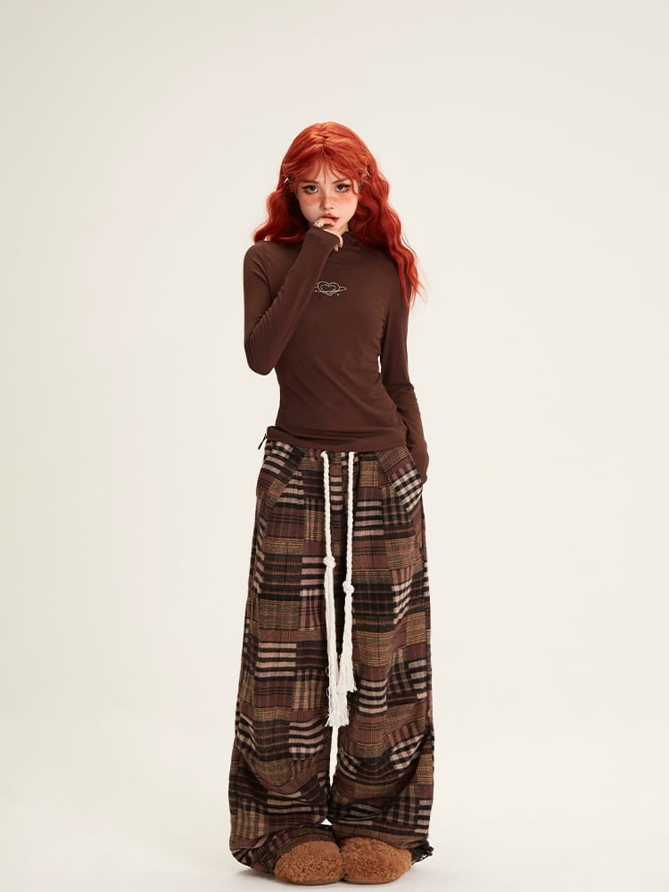 Patchwork Drawstring with Pants Waist Plaid Brown