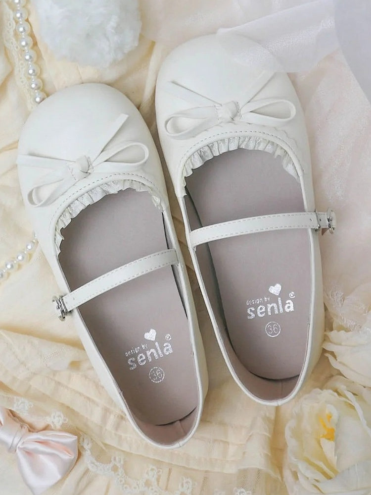 Lolita Beige mit matten Schuhen Schleife Flache runde geknotete Spitze