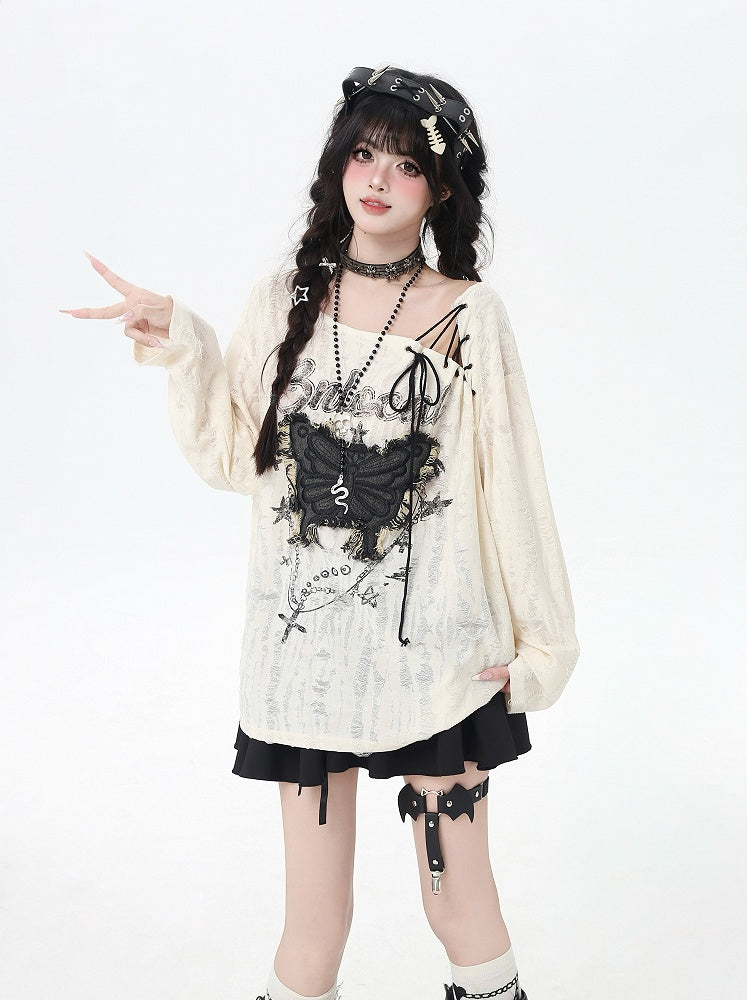 Holes Top Vintage Butterfly Applique Lace-up Neckline Apricot Distressed