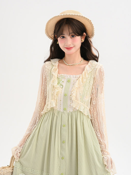 Beige Ruffled Trim Open Placket Lace Top