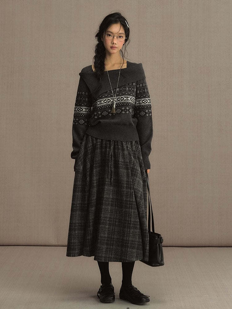 Gray Elastic Waist Tweed Plaid Tea Length Skirt