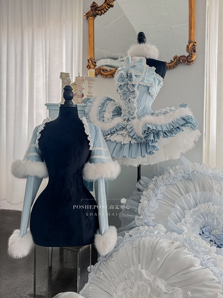 Blaues Set mit Hasenohren, Schleife, Mieder, mehrlagigem Rock und Stäbchenkleid + kurzem Cape-Top