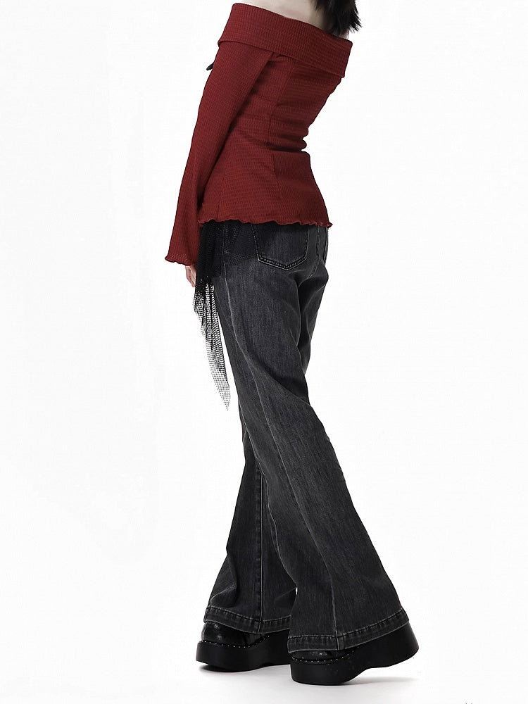 Detail Faded Wash Distressed Gray Flared Jeans Heart Buckle