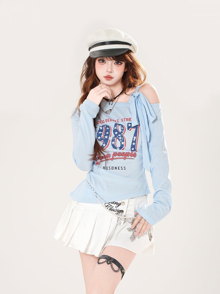 Asymmetrical Neckline Top Vintage Number Print Blue/White/Black