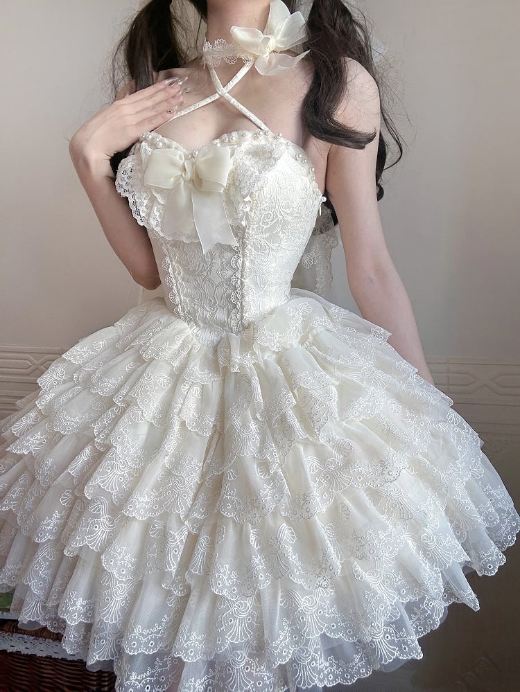 Creamy Scallop Lolita White Skirt Trim Embroidered Princess Dress Tiered