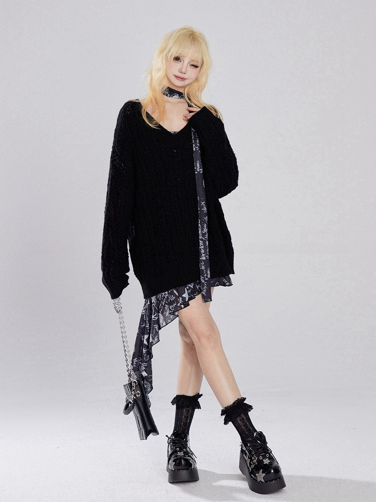Apricot/Black V-neck Hollow-out Knitted Sweater