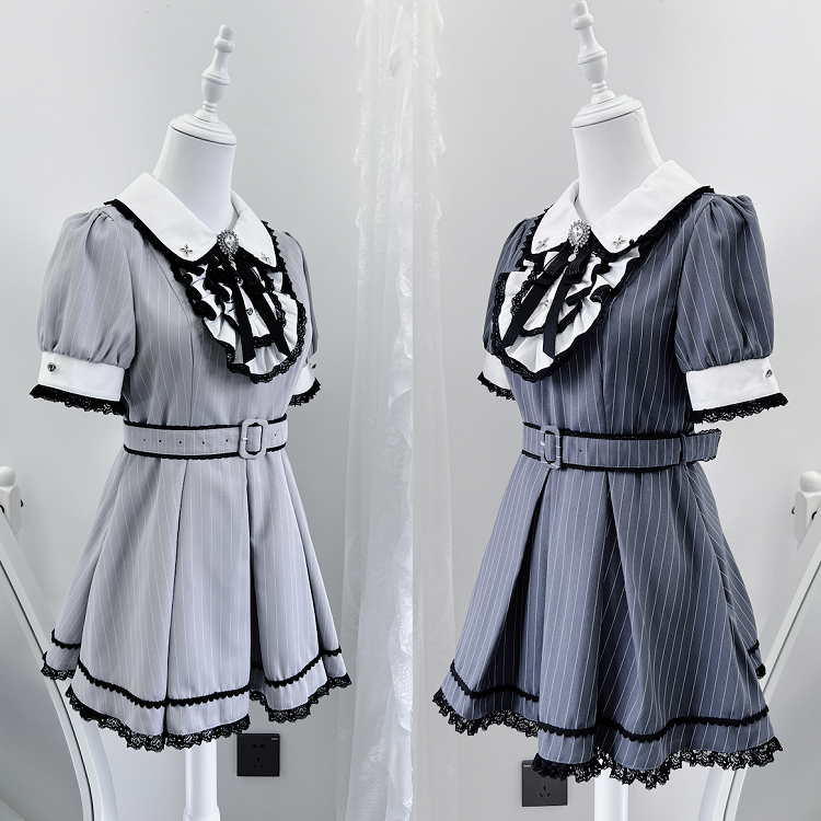 Shorts Pan Gray White Kei Stripes Collar Maid with and Set Peter Jirai Top