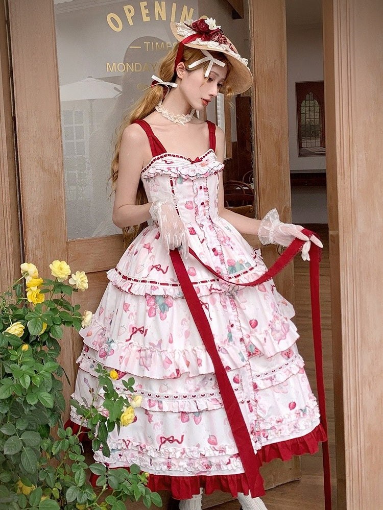 Kitty and Strawberry Print Spring and Summer Cottagecore Lolita Dress