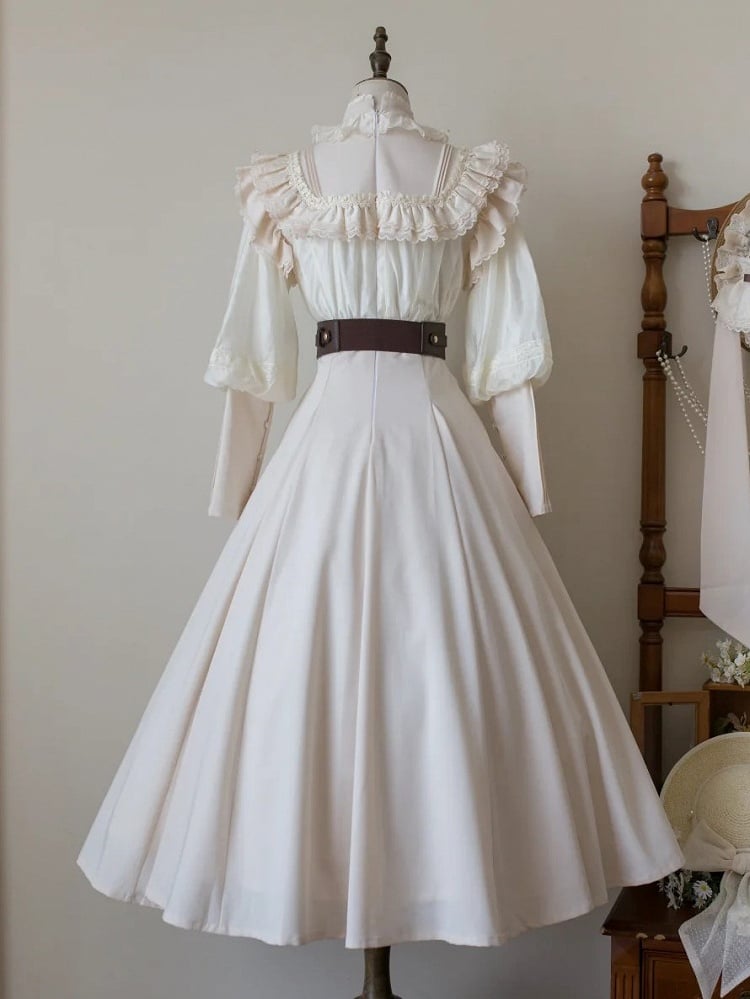 Long-Sleeve Ruffled Beige Classic Dress Elegant Waist Lolita High
