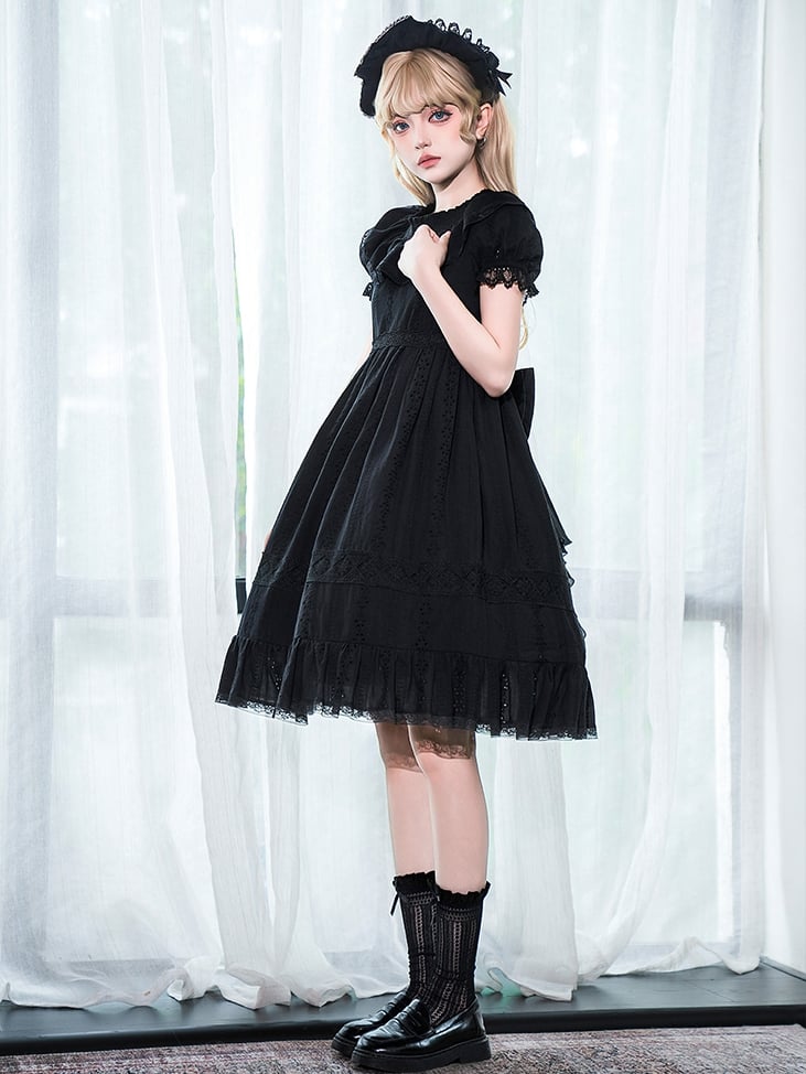 Sweet Lolita Dress Kuro Puff High Black Cotton Sleeves Waist