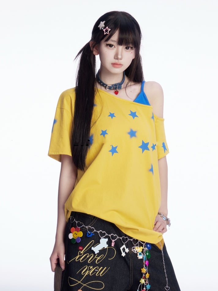 Star Faux Asymmetrisches T-Shirt Blau Print Ausschnitt Gelb