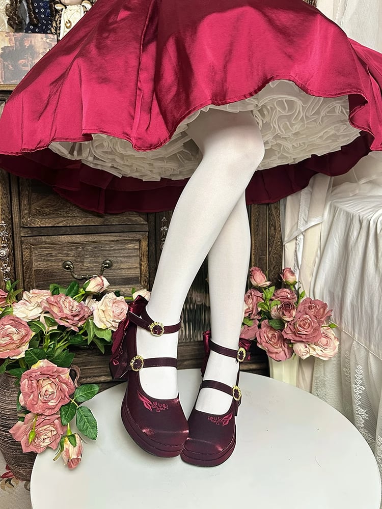 Mary the Detachable Embroidery Middle Janes Bowknot Red Lily Valley Wine of Heels
