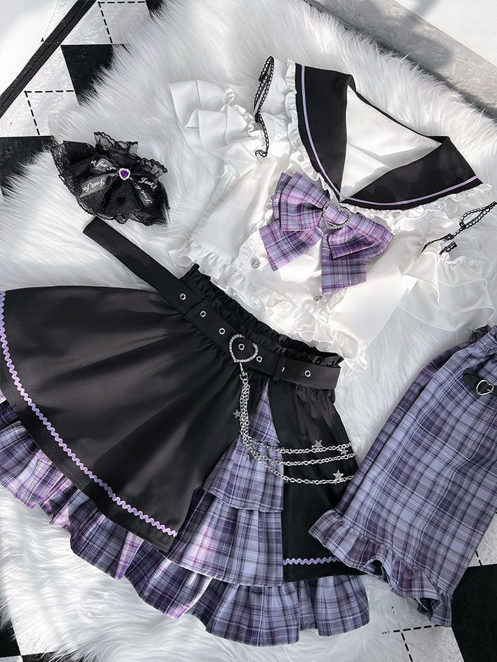 Black Set-Sailor Kei Purple Top+Purple Short And Plaid Collar Skirt Sleeves Full Shoulder Jirai Cutout