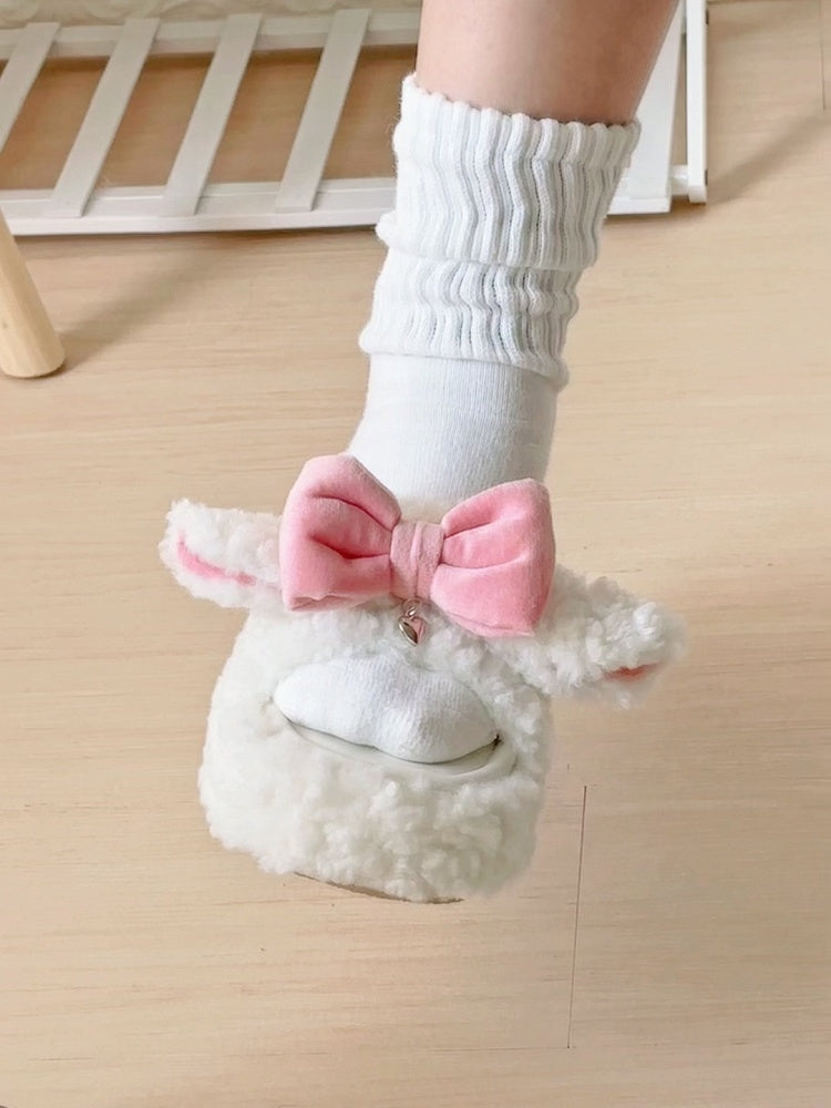 White Cute Bow Accents Lamb Ears Platform Winter Slipper