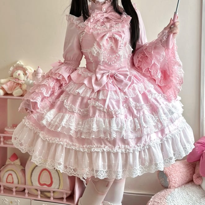 Trims Dress Pink Skirt White Decorated Jumper Lace Lolita Hanayome Bows