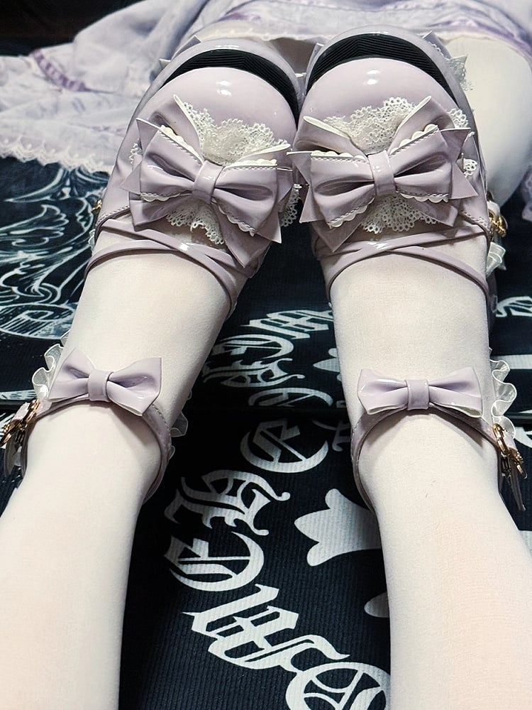 Heel Purple Accents with Janes - Mary Mid Lolita Sweet PU Bow