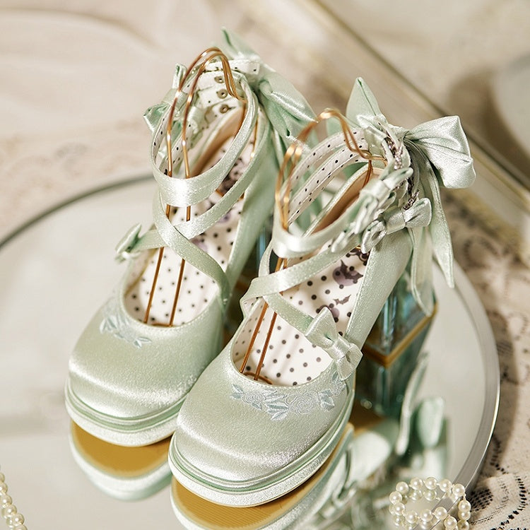 Elegant Block Platform Flower Green High Heels Heel Camellia