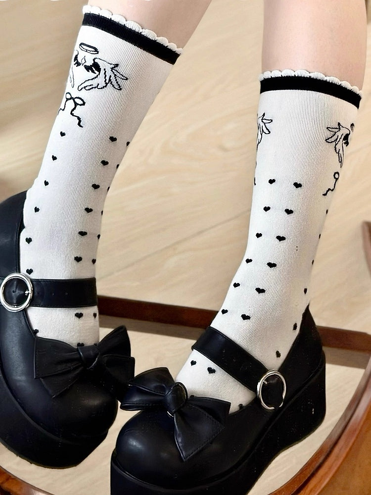 Angel Black Wings Calf Print Lolita Socks