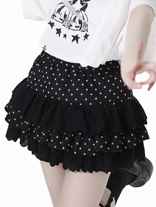 Gestufter Polka-Dot-Rock Pumphose Futter Schwarz Elastische Taille Spitzenbesatz