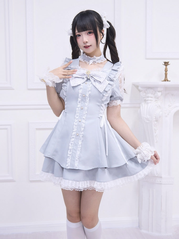 Dress Skirt Lace-up Side with Mini Light Kei Style Jirai Shoulder Matching Cutout and Gray Detail Set: