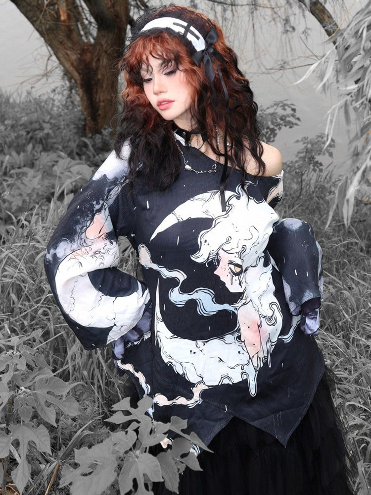 Fashion Black Moon Sleeves Protection Top Long And Gyaru Cartoon Print Sun