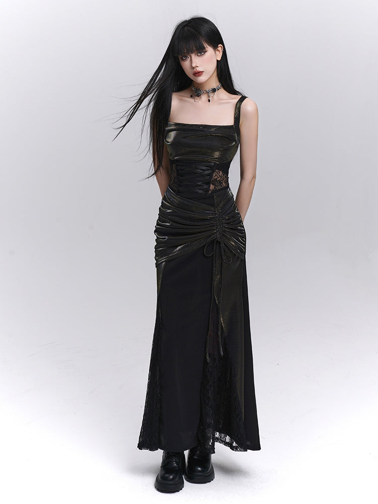 Waist Drawstring Black Lace Hip Sleeveless Dress Patches