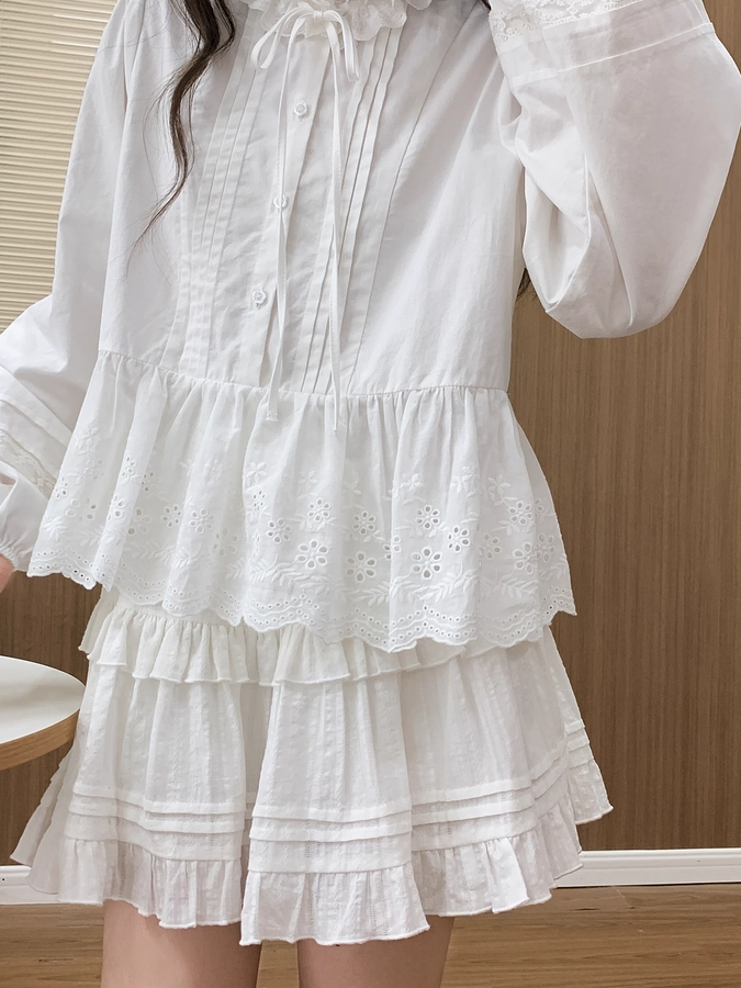 White Elastic Waist Ruffle Hem Tiered Skirt