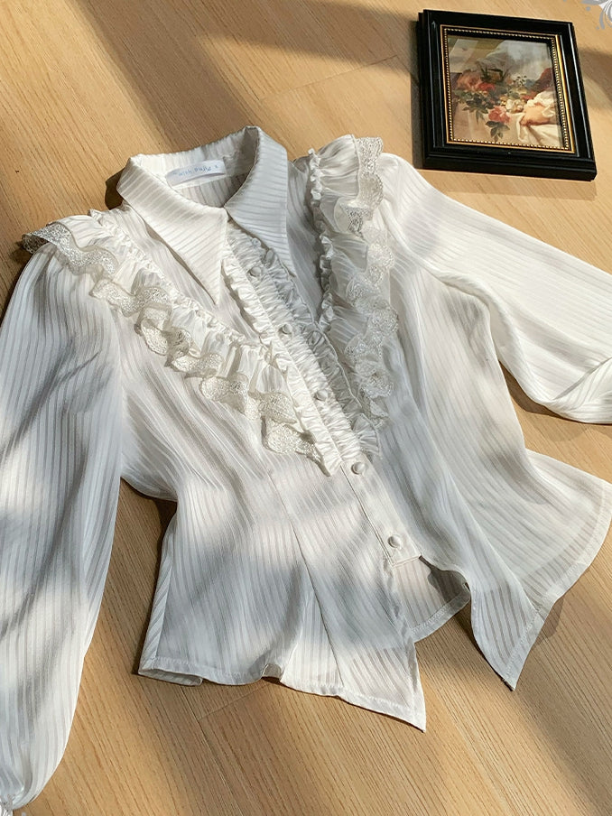 Lolita Long Pointed Collar Shirt White Sleeves Foldover Gothic