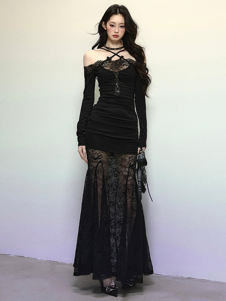 Robe longue sirène en dentelle noire patchwork, bretelles croisées, dos nu, robe de soirée