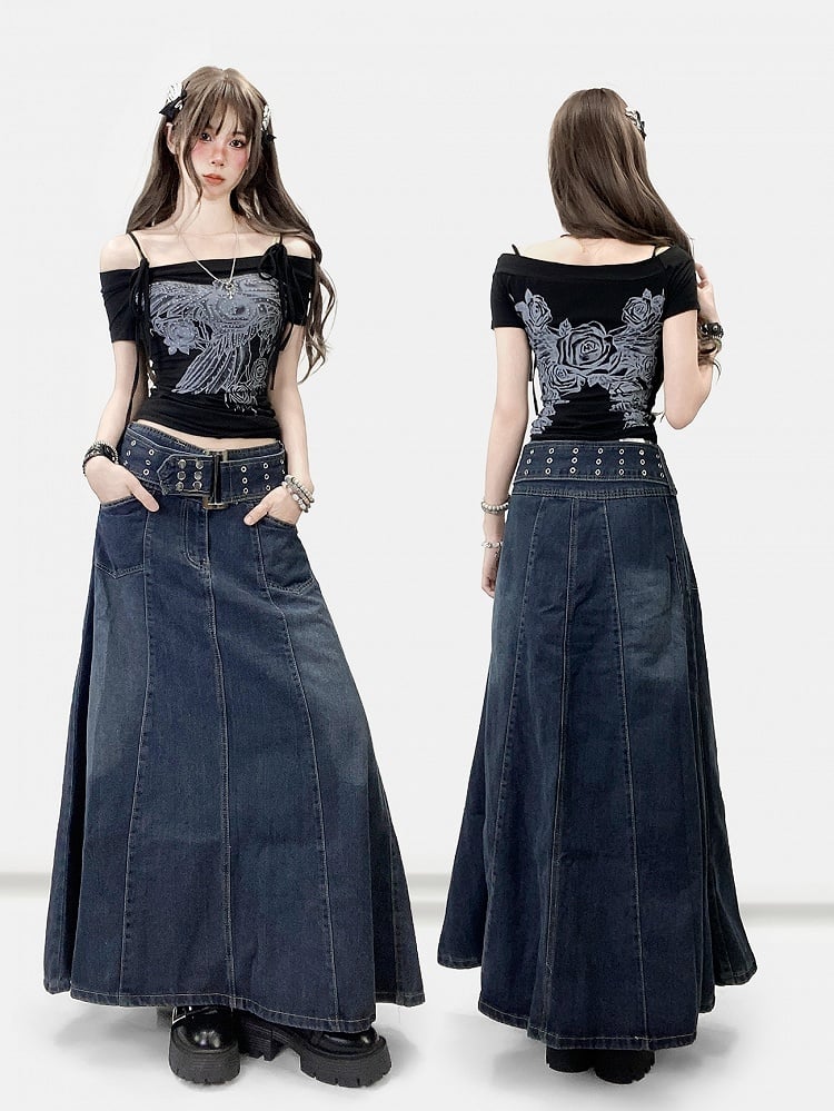 Off-the-shoulder Neckline Decorated Floral Black Rhinestone T-shirt Design Y2K