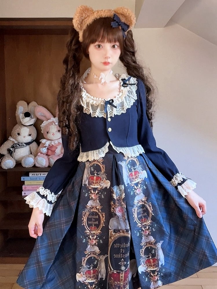 Cropped Trim Fashion Dark Cardigan Bow-Detailed Lolita Blue Lace