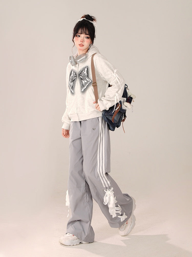 Straight-Leg pants with Lace-Up Side Detailing Gray Preppy
